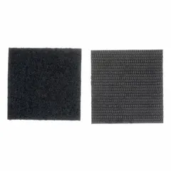 Pre-cut square hook-and-loop fastener made of black nylon, measuring 2 inches by 2 inches. Used for temporary or adjustable fastening in industrial applications such as securing panels, cables, or components in machinery and assembly lines.