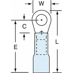 This insulated ring terminal features heat shrink insulation for environmental sealing and vibration resistance. It accepts 16 AWG to 14 AWG wire and is rated for 1000 V maximum. Designed for #10 stud size, it is commonly used in industrial control panels, machinery, and power distribution applications.