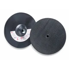 This 3M backing pad supports hook-and-loop surface-conditioning discs for grinding, blending, and finishing. It has a 4-1/2 in diameter, 1/8 in thickness, and a 5/8-11 internal-thread tool connection. The non-vacuum design is intended for use with compatible angle grinders.