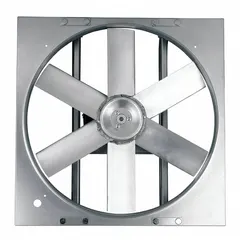 This direct-drive panel exhaust fan features a 24-inch blade driven by a 1/2 hp motor, delivering 6,403 cfm for general ventilation in industrial and commercial spaces. It operates on 115/230V AC single-phase power with a single speed and has a totally enclosed air-over motor with Class B insulation. The galvanized steel frame with stamped construction provides durability, and the fan is supplied without intake guards.