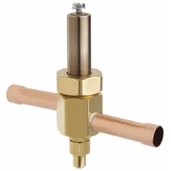 Normally closed solenoid valve for controlling refrigerant flow in refrigeration and HVAC systems. Features a 0.3 in port size and 1/2 in female sweat connections. Suitable for commercial and industrial cooling circuits requiring reliable shut-off and flow regulation.