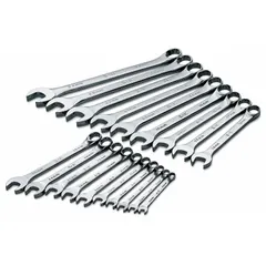 This 19-piece set of metric 12-point combination wrenches features a chrome finish and a 15° head offset angle. Suitable for tightening and loosening fasteners in automotive, industrial, and mechanical applications. Includes a storage rack.
