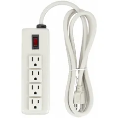 Industrial power strip with four grounded outlets, 6 ft power cord, and 15 A rating. Features keyhole mounting for secure attachment to workbenches, racks, or machinery. Beige housing. Not UL rated for healthcare applications.