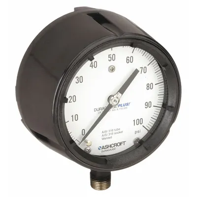 ASHCROFT Process Pressure Gauge: 0 psi to 100 psi, White, 4 1/2 in Dial, 1/2 in NPT Male - Vibration-Resistant All-Stainless Steel Wetted Parts & Casing