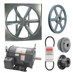Unassembled belt-drive panel supply fan with a 48 in blade delivering 31,442 cfm. Features a 3 hp, 3-phase open dripproof motor rated at 208-230/460V AC. Suitable for general ventilation and air supply in large industrial and commercial spaces requiring high-volume airflow.