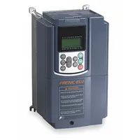 The FUJI ELECTRIC FRENIC Mega drive is a compact, heat sink-style variable frequency drive with black/blue/gray enclosure. It accepts single or three-phase input and delivers three-phase output for 20 hp motors. Suitable for controlling motor speed in industrial applications such as pumps, fans, and conveyors. No bypass included