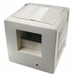 This Dayton ducted evaporative cooler is designed for residential use in dry climates, providing cooling for areas up to 1,400 sq ft. It features a 1/3 hp motor operating on 120V AC and includes a factory-installed drive package. The unit measures 28 1/4 x 28 x 28 inches and uses multiple inlets for air distribution.