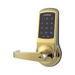This mechanical keyless access lockset features a brass cylindrical keypad lock with a straight-return lever style. It includes a cylinder override for keyed backup access. Suitable for commercial and institutional doors requiring keyless entry.