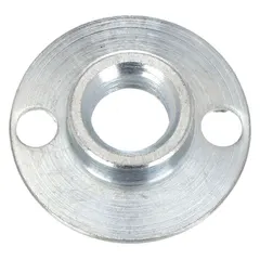 This fiber disc retainer nut secures fiber discs to compatible backing pads during grinding and finishing operations. It features a 5/8"-11 thread size, 3/8 in height, and a silver finish. Suitable for metalworking, fabrication, and maintenance tasks requiring stable disc attachment.