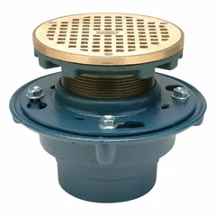 Round general purpose floor drain with a 5 3/16 in grate and 4 in nominal pipe size. No Hub connection type with clamping collar and hardware included. Gray finish. Suitable for collecting and draining surface water in commercial and industrial areas such as parking garages, loading docks, and utility rooms.