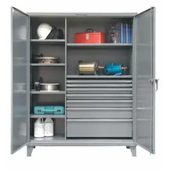 Stationary steel cabinet with welded construction and legs base type. Dark gray baked enamel finish. Includes six adjustable shelves and drawers. Equipped with swing handle and padlock hasp for security. Panel thickness 12 ga. Suitable for storage of tools, parts, and equipment in industrial environments.