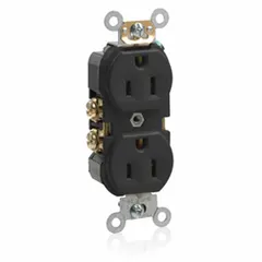 Duplex general-purpose receptacle rated 125V AC and 15 A with NEMA 5-15 configuration (2 pole / 3 wire). Black finish. Suitable for standard outlets in residential, commercial, and light-industrial settings for powering 125V AC devices.