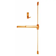 Bronze surface vertical rod exit device with touchbar for doors up to 4 ft wide. Includes a dummy pull for single-door applications. Suitable for commercial egress where code-compliant panic hardware is required.