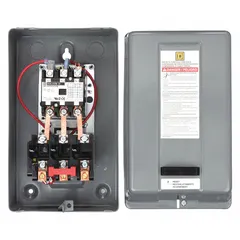 Enclosed non-reversing magnetic motor starter with thermal overload protection. Three-pole design rated for 40 A with a 480V AC coil. Requires three thermal units (not included) for overload protection. Suitable for controlling motors in applications such as pumps, fans, and conveyors.