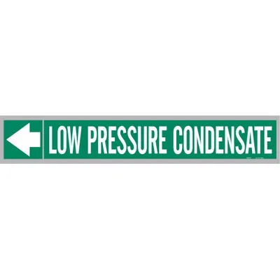 BRADY Pipe Marker: Low Pressure Condensate, Green, White, Fits 2 1/2 to 6 in Pipe O.D. - Low Pressure Condensate Fiberglass Carrier Mounted with Strapping Pipe Markers