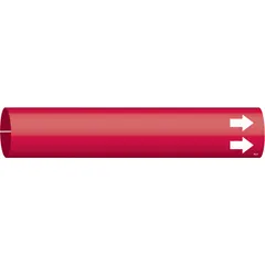 Red snap-on pipe marker with white legend text, designed for pipe outer diameters of 4 to 6 inches. Includes directional arrows for indicating flow. Used to identify pipe contents and flow direction in industrial facilities such as plants, refineries, and processing lines.