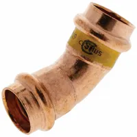This NIBCO 45° elbow fitting is made of copper with an HNBR O-ring, designed for press-fit connections. It has a 1-1/2 in CTS x 1-1/2 in CTS x 1-1/2 in CTS x 1-1/2 in Pipe size and no center stop. Used for changing direction in copper tubing systems for gas or plumbing applications