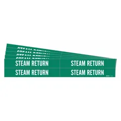Green adhesive pipe markers with white legend reading 'Steam Return', designed to identify steam return lines in piping systems. Each marker fits pipe outer diameters from 3/4 to 2-3/8 inches. Pack includes 4 markers without arrows, supplied in a 5-pack configuration.