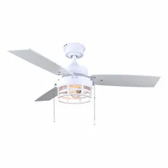 Industrial ceiling fan with 42-inch blade diameter, three speeds, and integrated light kit. Operates on 120V AC single-phase power. Suitable for air circulation in warehouses, workshops, and commercial spaces.