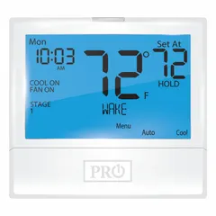 Low-voltage thermostat for heat and cool applications with push-button control. Supports 2H/3C conventional or 5H/3C heat pump staging, automatic changeover, and 5-1-1 programming. Temperature range 44° to 90°F. Includes humidification control. Designed for horizontal mounting.