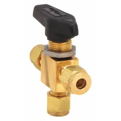 This three-way ball valve features an L-port flow pattern for diverting or mixing flow in piping systems. Constructed of brass with compression connections on all three ports and a lever handle. Suitable for applications requiring manual flow control.