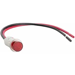 This LED indicator pilot light features a raised panel head and a 12 mm mounting hole diameter for panel-mount applications. It is equipped with 6-inch wire leads for electrical connection. Used to signal equipment status on industrial control panels.