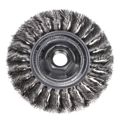 This heavy-cleaning brush is designed for contoured stainless steel surfaces. It features a 4" diameter, 1/2" width, 5/8"-11 arbor, and 0.014" twisted stainless steel fill. Suitable for removing weld discoloration, rust, and scale without contaminating the workpiece.