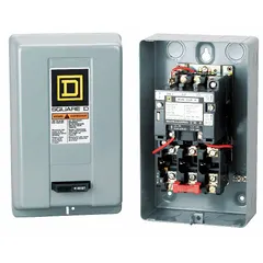 Enclosed non-reversing magnetic motor starter for three-phase motors. NEMA Size 4, 135 A, 3 poles, 110/120V AC coil. Screw clamp terminals. Requires three melting alloy thermal units (not included). No operator controls, auxiliary contacts, or pilot light. Used for starting and protecting motors in applications such as pumps, conveyors, and compressors.