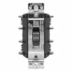 Open manual motor switch for starting and stopping motors. 2-pole, 30 A rating, 600V AC maximum. Surface mount style without enclosure. No pilot light included.