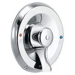 This shower trim kit includes a circular brass trim plate and handle in a chrome finish. It is designed for use with Moen valves in bathtub and shower installations, providing a clean cover and control for water flow and temperature.