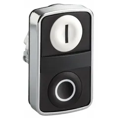 This non-illuminated multihead push-button operator features two momentary-contact buttons in a flush profile design. It is suitable for industrial control panels requiring multiple push-button functions in a single unit, such as machine start/stop or conveyor control. The metallic construction and 22 mm mounting size ensure compatibility with standard panel cutouts.