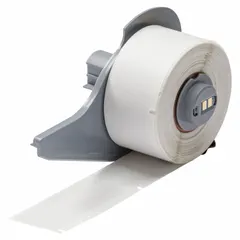 White matte vinyl wraparound label for wire and cable identification on 6 AWG to 0 AWG gauges. Measures 2 1/2 in x 1/2 in. Compatible with BMP71 printer series and requires M7-R4300 ribbon. Used in industrial electrical, panel building, and maintenance applications for clear, durable marking.