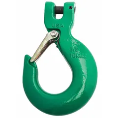 This general purpose slip hook is forged from alloy steel with a Grade 100 rating. It has an overall length of 4 3/4 inches and a working load limit of 8,800 pounds. The green finish has no visual indicator markings. Used in rigging and material handling to attach slings or chains to loads for overhead lifting.