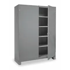 Welded steel cabinet with gray powder-coated finish. Includes four adjustable shelves and legs. Swing handle with padlock hasp for security. 14-gauge panel thickness. Suitable for organized storage of tools, parts, and equipment in warehouses, factories, and maintenance facilities.