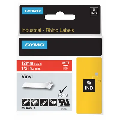 DYMO Combined Label and Ribbon Cartridge: 1/2 in x 18 ft, Vinyl, Red (Gloss) - Dymo Thermal Transfer Continuous Label Roll Cartridges