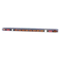 Full-size emergency vehicle light bar with amber LED illumination. Rated 50 W, operates on 12V DC, and offers 19 selectable flash patterns. Amber lens color. Permanent installation type. Suitable for warning lighting on response vehicles, traffic control, and work zone applications