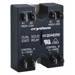 Panel-mounted dual solid state relay with DC input (12 mA) and AC output (48 to 530V AC). SCR output, Form A switch configuration, and screw clamp electrical connection. Maximum output current 25 A; not recommended for use without a heat sink. Suitable for switching AC loads in industrial control panels.