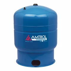 The AMTROL Champion CH-34 is a vertical steel well water tank with a 34-gallon capacity and a 38 psi precharge pressure. It is designed for residential private well systems to store water and maintain consistent pressure, reducing pump cycling. This tank is not ASME rated and does not include a pump stand.
