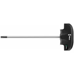T-shaped Torx key with T9 tip size and standard end. Short 4-inch long arm for access in confined spaces. Made of alloy steel with chrome finish. Suitable for driving Torx and Torx Plus fasteners in assembly and repair tasks.