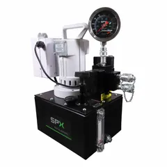 This corded electric hydraulic pump delivers up to 10,000 psi operating pressure with a maximum flow rate of 704 cu in/min, powered by a 1 1/8 hp motor. It is designed for powering hydraulic tools such as torque wrenches, spreaders, and cutters in industrial bolting, construction, and maintenance applications. The pump features a retract operation mode.