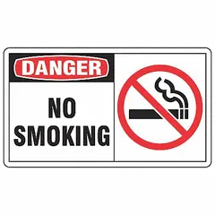 Adhesive-mounted vinyl signs for marking areas where smoking is prohibited. Each sign measures 3 1/2 x 5 inches nominal size, 0.02 inches thick. Suitable for indoor use on walls, doors, or equipment. Pack of 5.