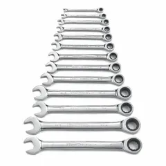 This 13-piece set includes standard SAE combination wrenches with 12-point ratcheting box ends and open ends. Made from alloy steel with a full polish chrome finish, it is suited for tightening and loosening fasteners in automotive repair, industrial maintenance, and mechanical assembly.