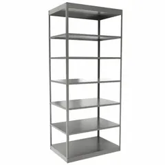 This heavy-duty standalone open metal shelving unit features a steel frame and steel shelves, with a gray finish. It measures 36 inches wide by 24 inches deep, stands 84 inches tall, and includes 7 shelves. The unit is unassembled and uses a bolted and clip-mount design for full-access storage. Typical applications include warehouse and industrial storage for bulk parts, tools, and equipment.