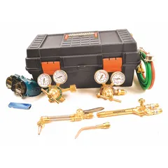 This gas welding outfit is configured for acetylene service with a CGA 510 connection. It includes the necessary components for cutting and welding operations, suitable for maintenance, repair, and fabrication tasks in industrial settings.