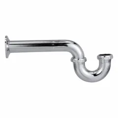 This ZURN P-Trap is made of zinc with a chrome-plated silver finish. It has a 1-1/2 inch nominal pipe size and a 12-1/2 inch overall length. Includes nuts for installation. No cleanout. Used in plumbing systems to prevent sewer gases from entering buildings, typically under sinks.