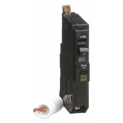 Single-pole, bolt-on miniature circuit breaker rated 20 A at 120V AC with a 10kA interrupting rating. Provides overcurrent protection in electrical distribution systems. For use with QO Load Centers and NQ Panelboards.
