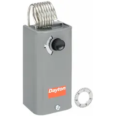 This indoor two-stage control is designed for heat or cool applications in HVAC systems. It features a steel enclosure, a hydraulic air coil, and two SPDT switches with open/close on rise action. The thermostat operates within a temperature range of 30° to 110°F with a 3.5°F differential.