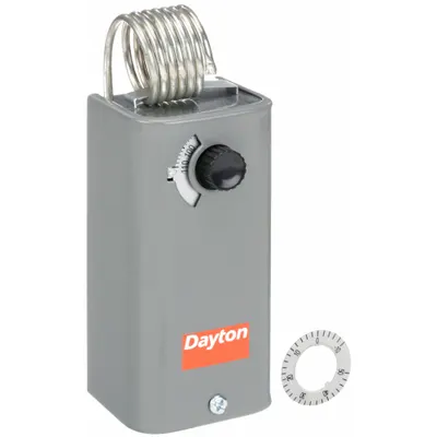 Dayton Line Volt Mechanical Tstat: Heat or Cool, Steel, 30° to 110°F, 3.5°F - Indoor Two-Stage Controls