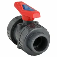 This PVC ball valve is a straight, two-piece design with a lever handle. It features a socket x FNPT connection for joining pipe sections. Typical applications include flow control in water, air, and mild chemical piping systems