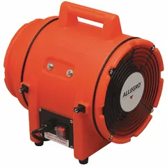 Axial fan with 8-inch duct diameter and 1/3 hp motor, operating at 120/240 V AC. Includes a steel powder-coated grill. Orange plastic housing. Used for ventilation and air movement in confined spaces and industrial settings.